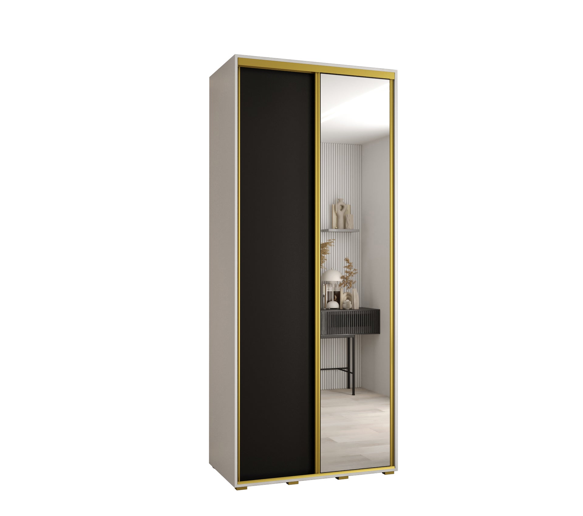 Szafa przesuwna z lustrem wysoka Davos 3 120 x 60 x 235,2 cm biały + czarny + u. złoty - Abiks Meble