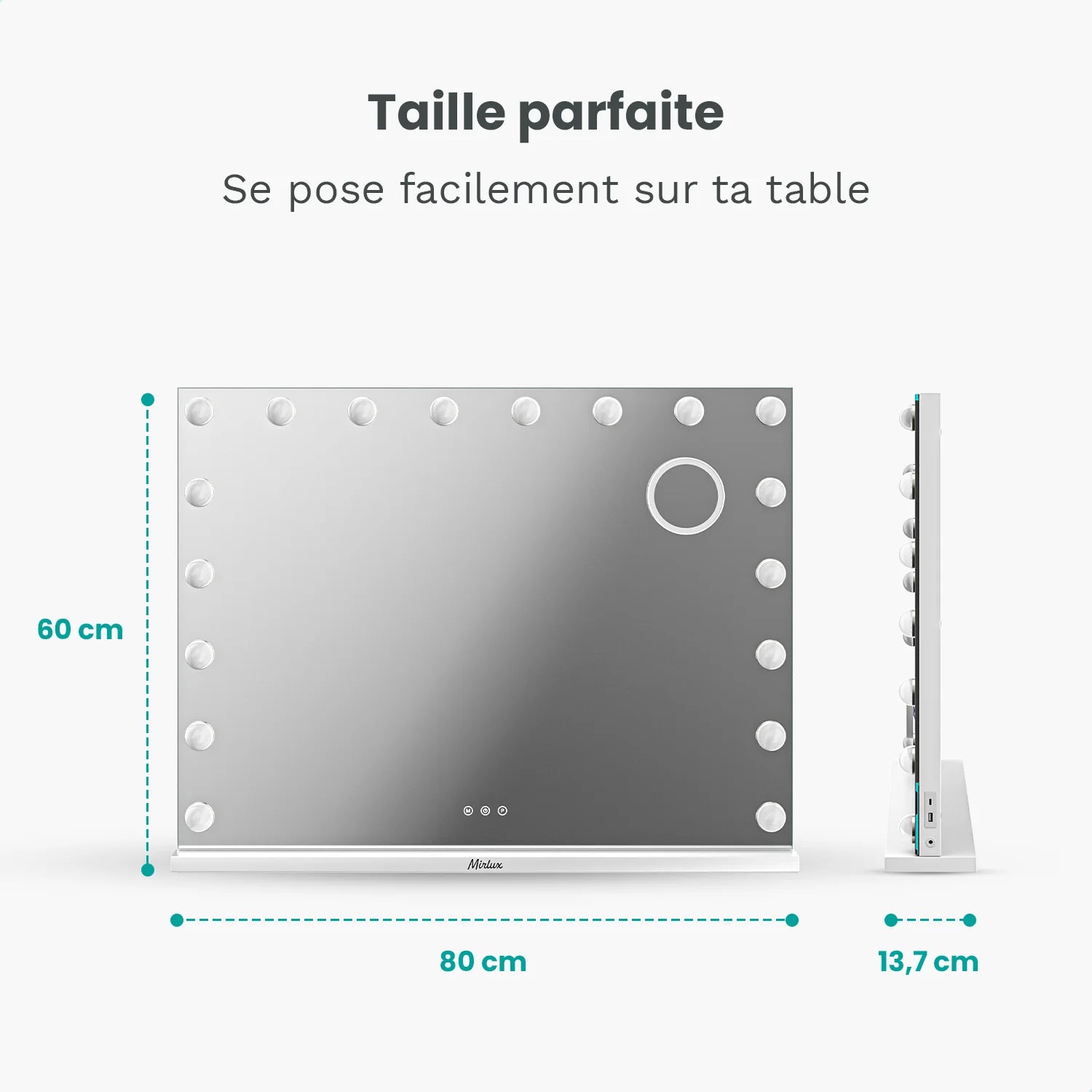 Miroir de maquillage Mirlux Hollywood 80x60 cm - 2 haut-parleurs Bluetooth - Ports de chargement USB et USB-C - Blanc - 9