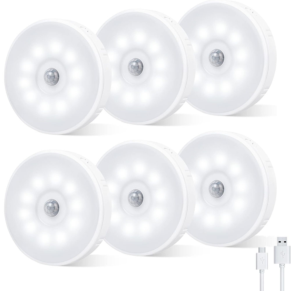 Lámpara de pared led con sensor de movimiento inalámbrico para interior, luz nocturna con sensor de carga usb magnético blanco (6 paquetes)
