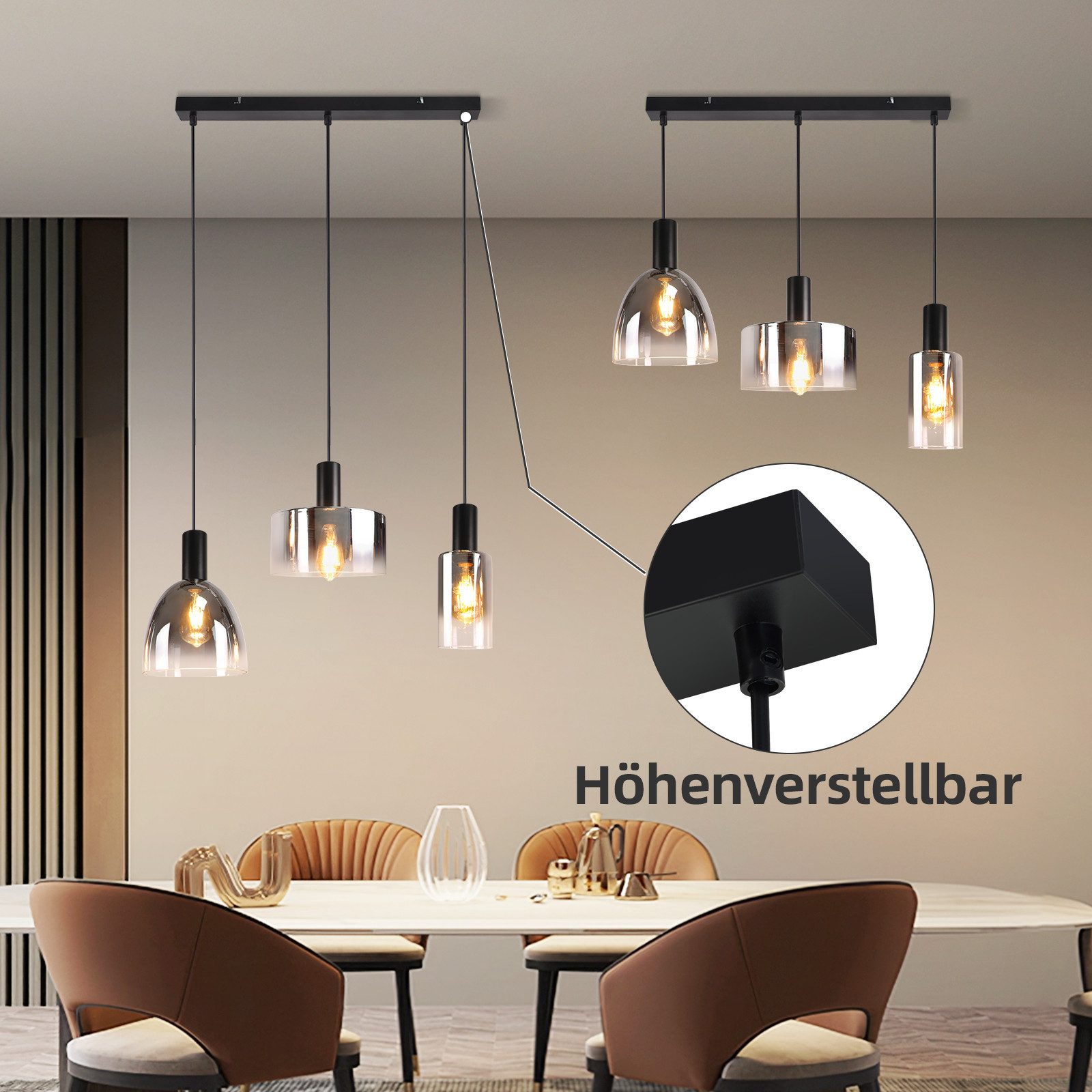 NETTLIFE Lampe à Suspension Pour Table à Manger Vintage En Verre Gris Fumé E27 Réglable En Hauteur Pour Salon - 4