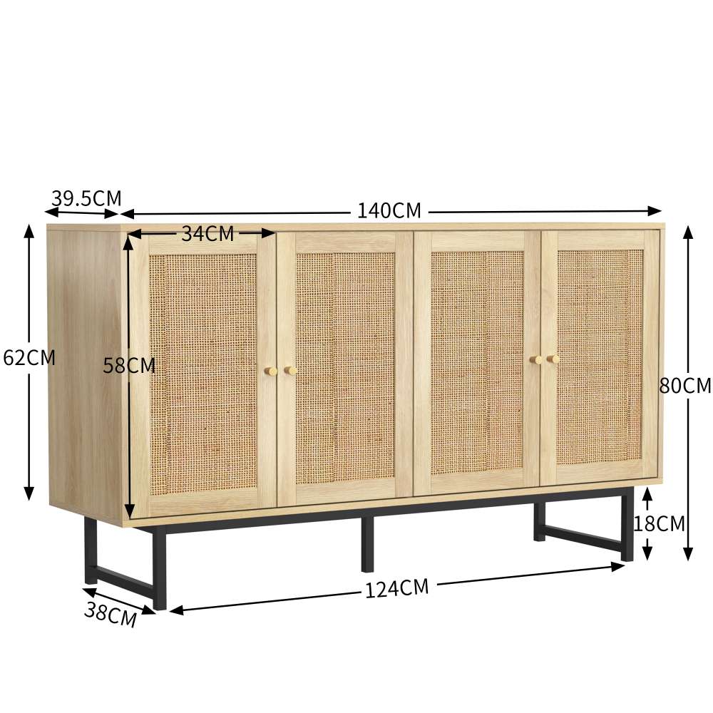 Komoda 140x39,5x80 cm z naturalnego rattanu, 4 drzwi, styl drewniany z matowymi złotymi uchwytami - 3