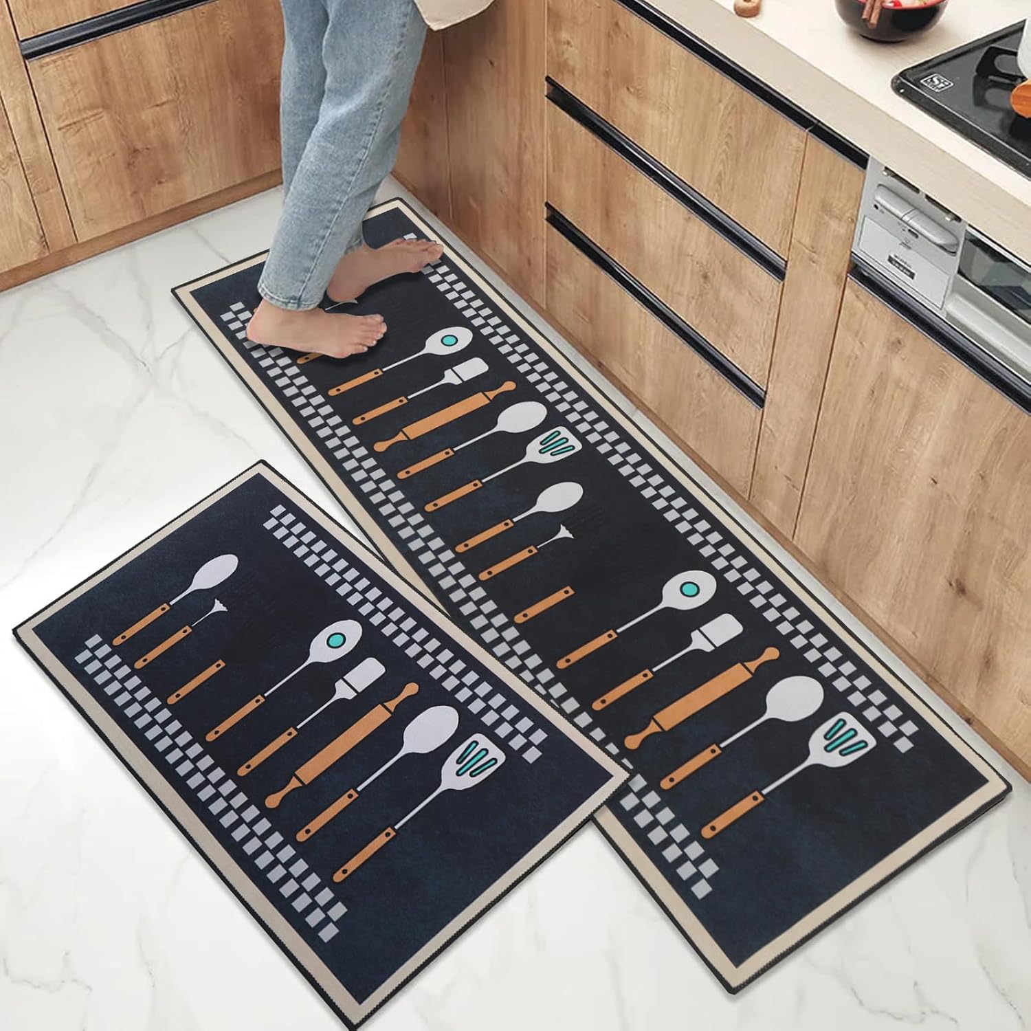 Zestaw 2 antypoślizgowych i zmywalnych mat kuchennych, chłonących wodę i olej, zmywalne maty podłogowe, szare, 40x60+40x120 cm