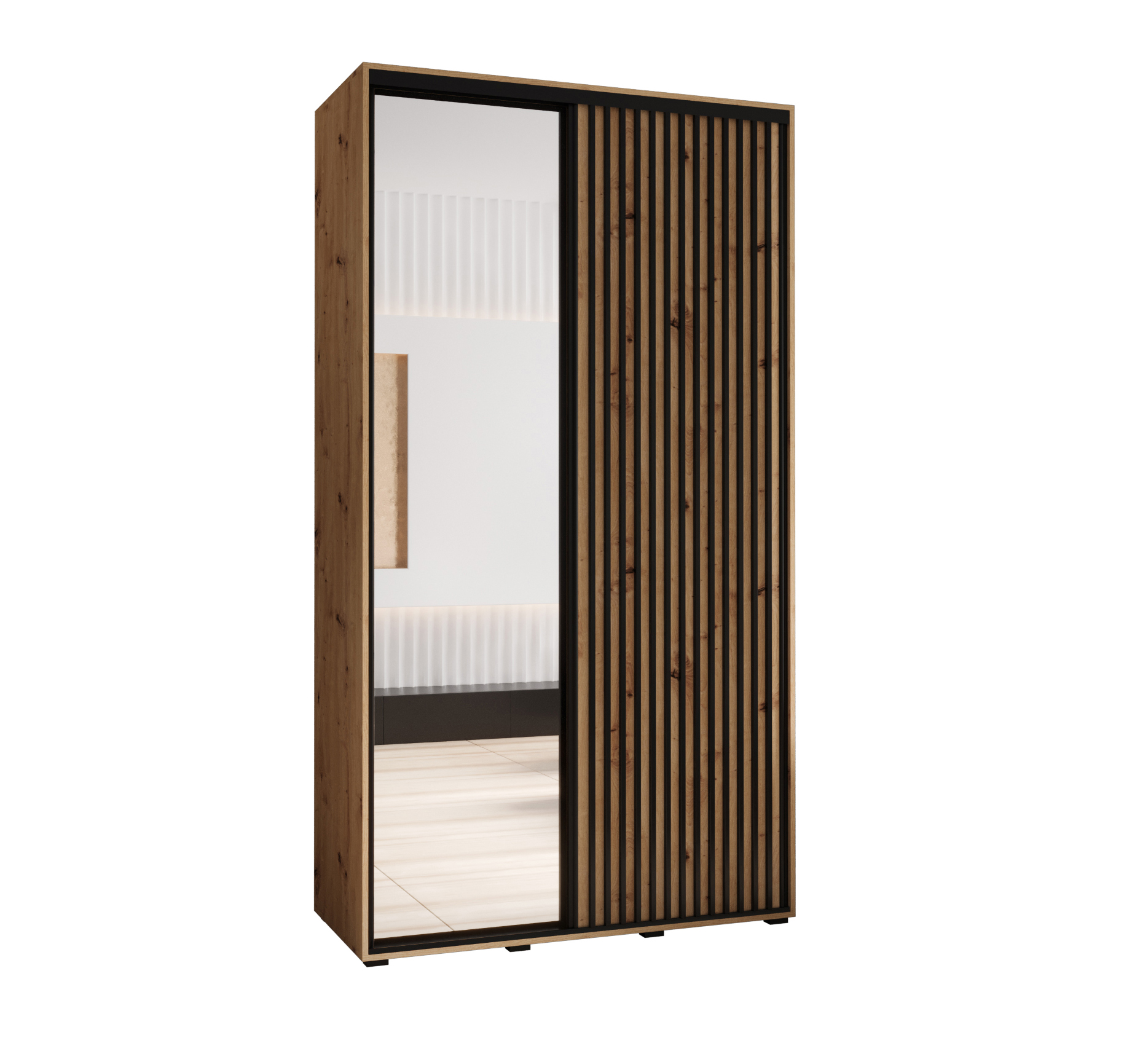 Szafa przesuwna z lustrem wysoka Lanko 2 140 x 60 x 235,2 cm artisan + artisan + lamele czarny - Abiks Meble