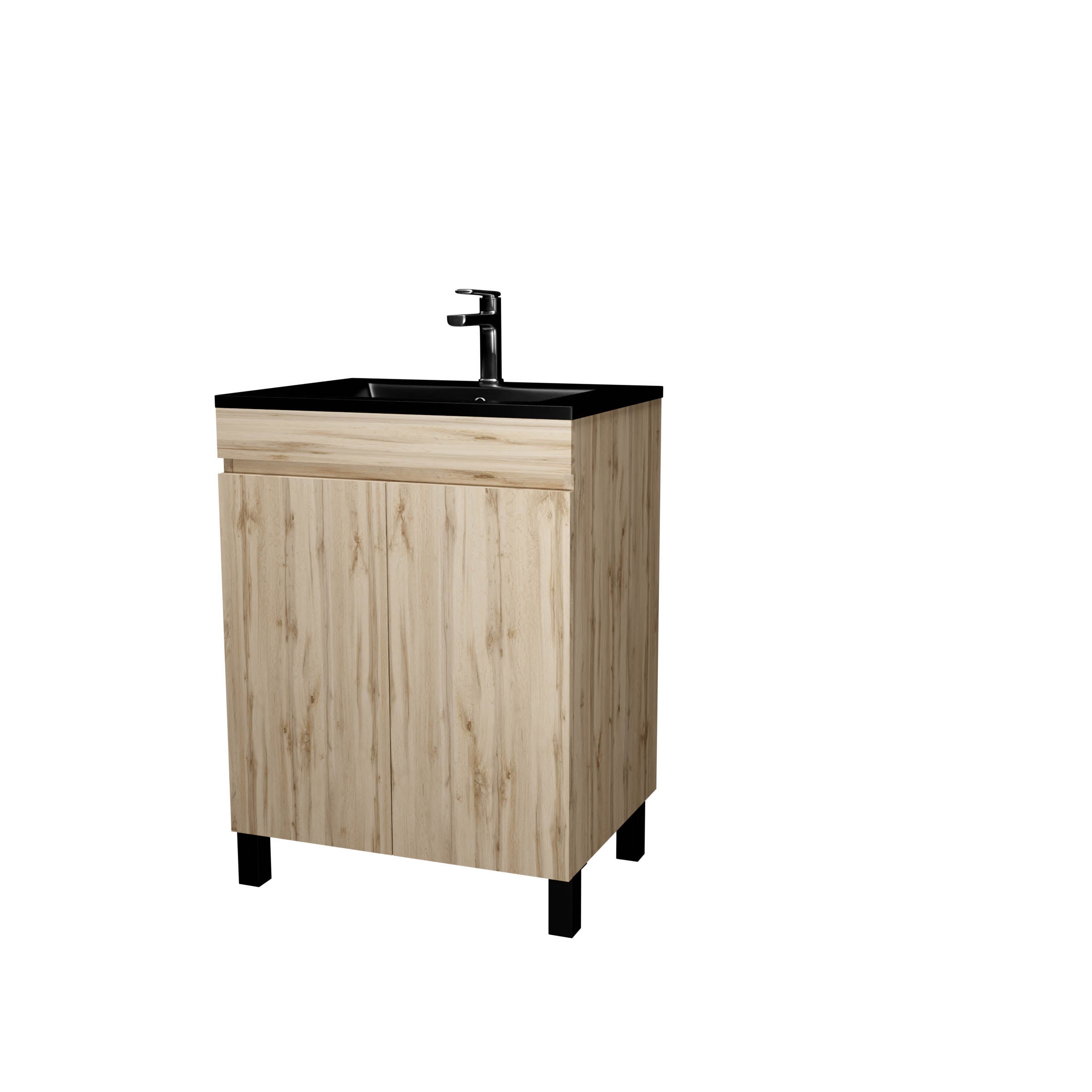 Meuble de salle de bains 60 cm 2 Portes Chêne Naturel + Vasque Céramique Noire - TIMBER - 3