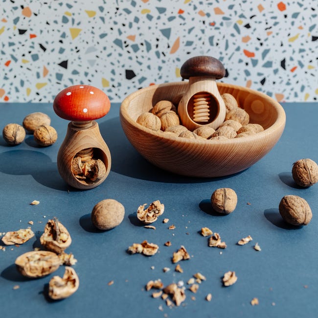 Schiaccianoci A Fungo In Legno Di Faggio - Set 2 Pezzi Marrone E Rosso - Foto 5