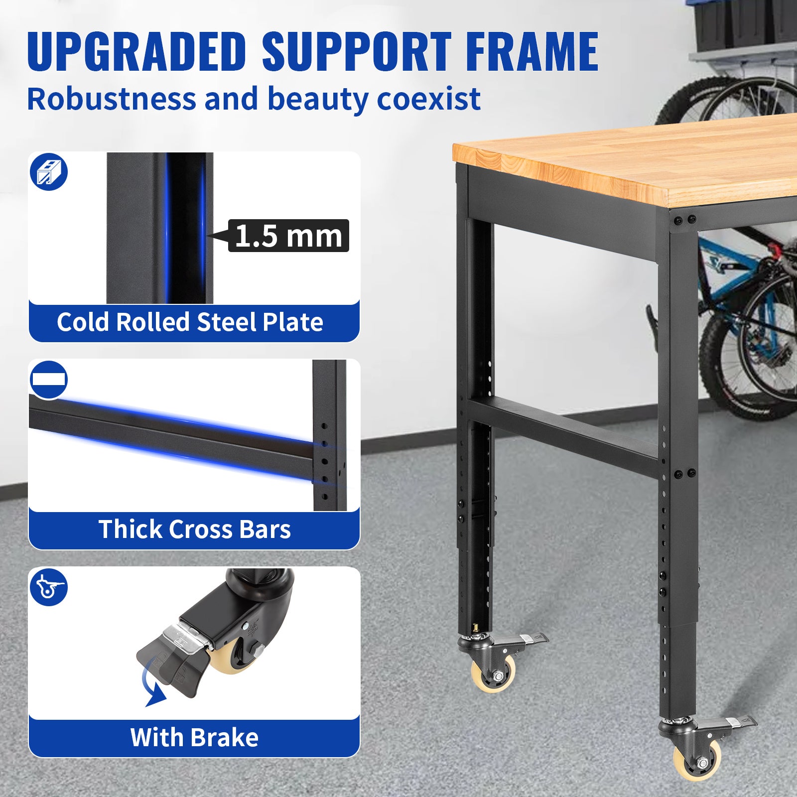Etabli Garage Atelier Table VEVOR de Travail 155x51x105 cm Hauteur Reglable 80-105 cm, Etabli Plateau en Bois Chene Cadre en Acier, Etabli Multifoncti - 6