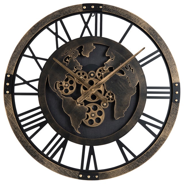 Horloge Murale Vintage 68 CM, Motif Carte du Monde, Horloge Métallique Décorative Sans Tic-Tac avec Engrenages Mobiles, pour Salon, Chambre, Marron