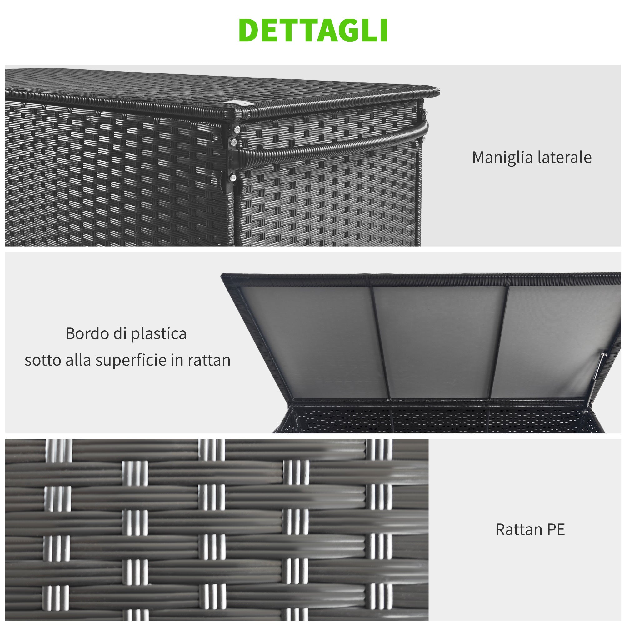 Coffre de jardin en rotin PE,banc de rangement extérieur à roulettes avec vérin pneumatique et poignée latérale,121x57x67cm,noir - 8