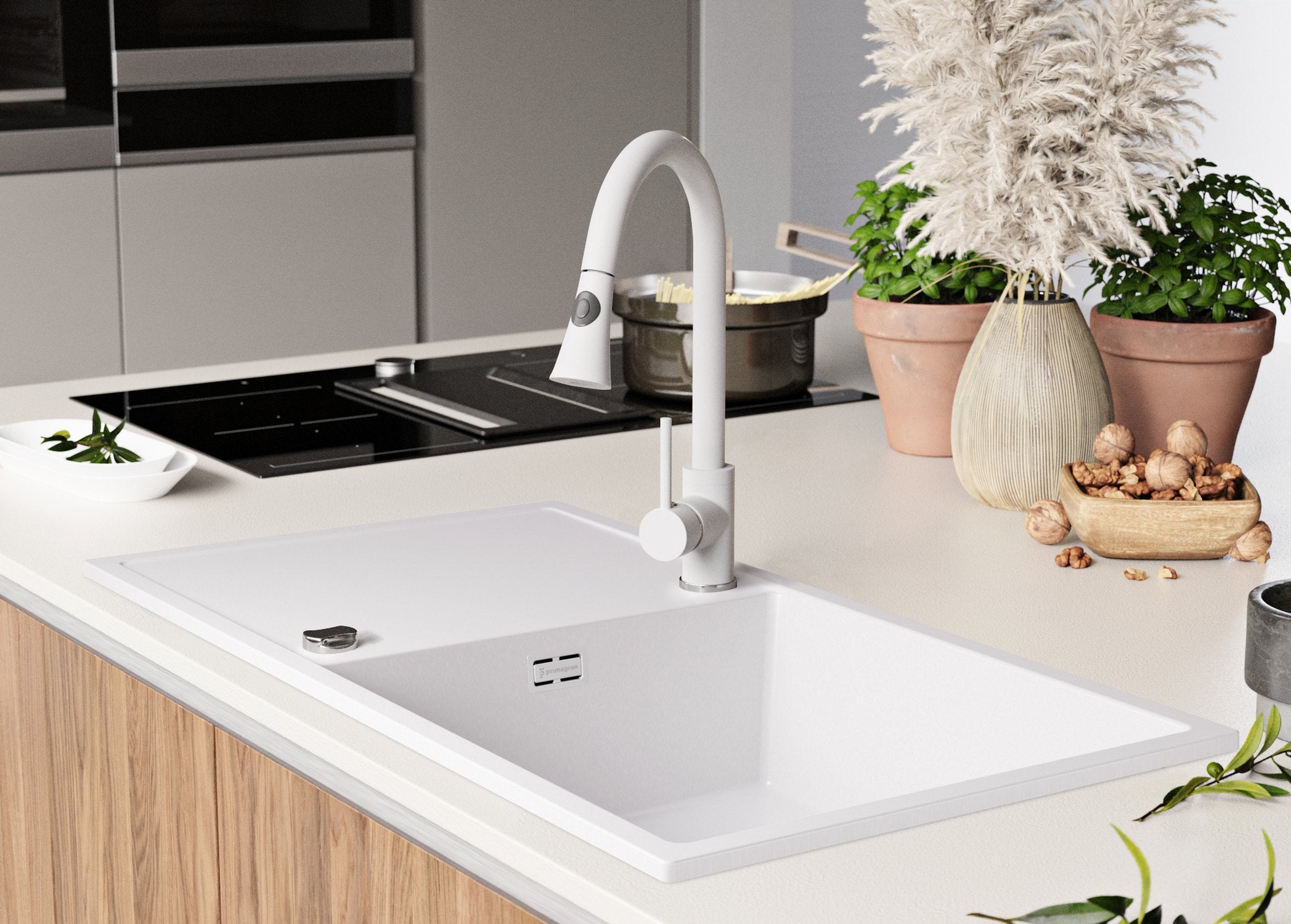 Evier Cuisine en Granit Blanc 90x50cm, Lavabo 1 bac + Kit de Vidage, Évier à Encastrer au meuble 60cm - Ibiza PRIMAGRAN - 3