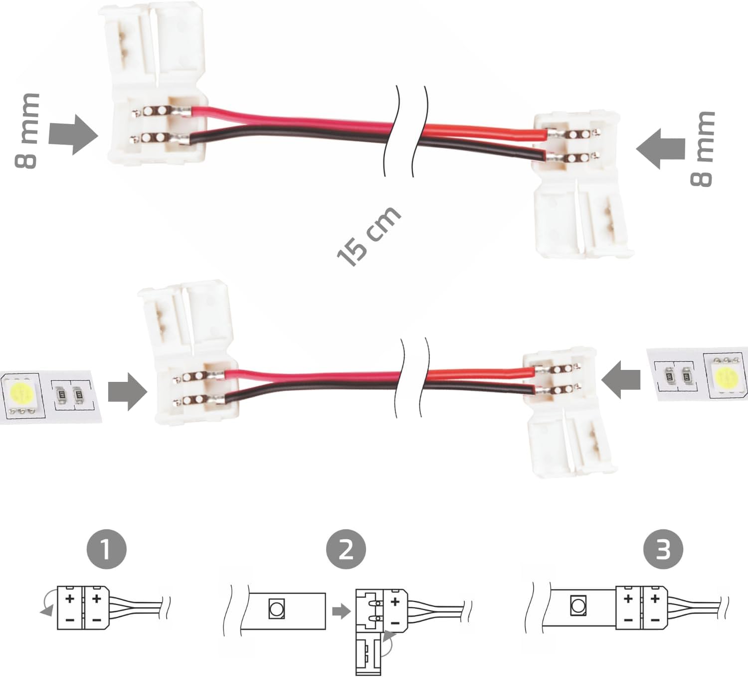 Silkwish Lot De 20 Connecteurs LED 2 Broches 8 Mm – Sans Soudure Pour Bandes SMD/COB – Raccord Rapide Transparent, 36V/5A