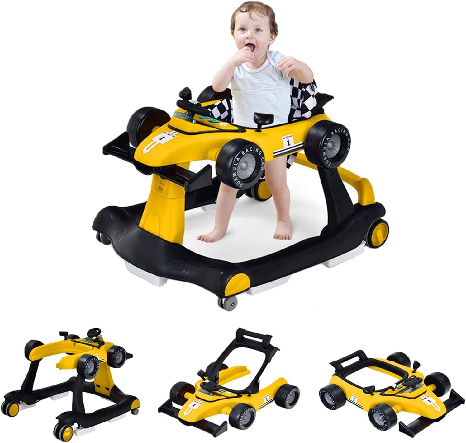 Chodzik dla Niemowląt, 4 w 1 z 3 Regulowanymi Wysokościami, Składany z Muzyką i Światłem, dla Dzieci w Wieku 6-18 Miesięcy (Żółty)