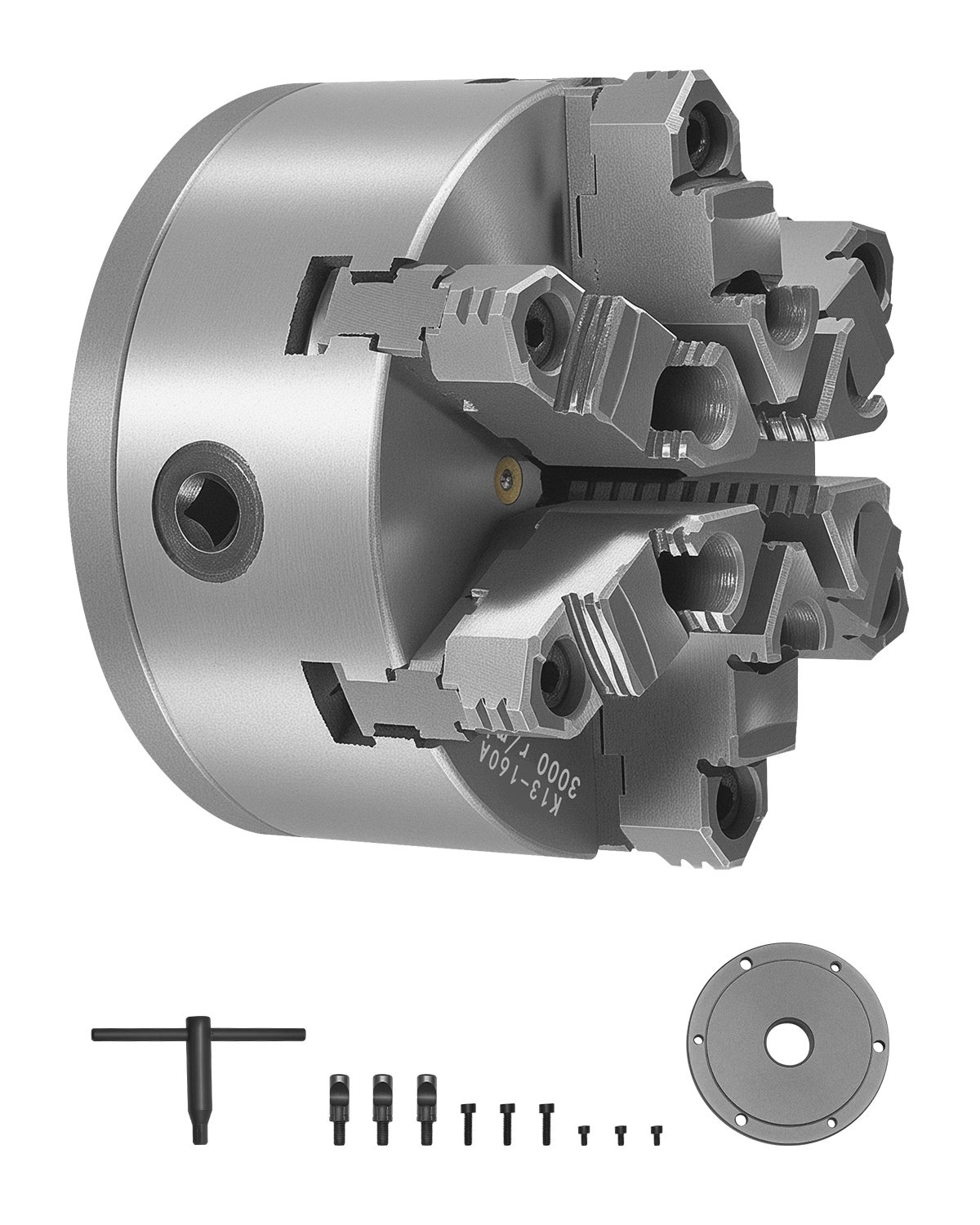 Mandrin 6 mâchoire VEVOR 160 mm, auto-centrare cu placă de susținere adaptată la came, fontă HT300, gamă de strângere 3-145 mm, cu șuruburi T