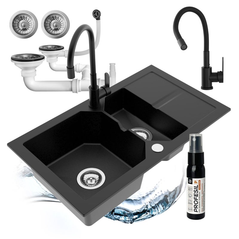 Zlewozmywak półtorakomorowy z ociekaczem Kenzo czarny w zestawie z syfonem przyściennym i baterią elastyczną Ruben