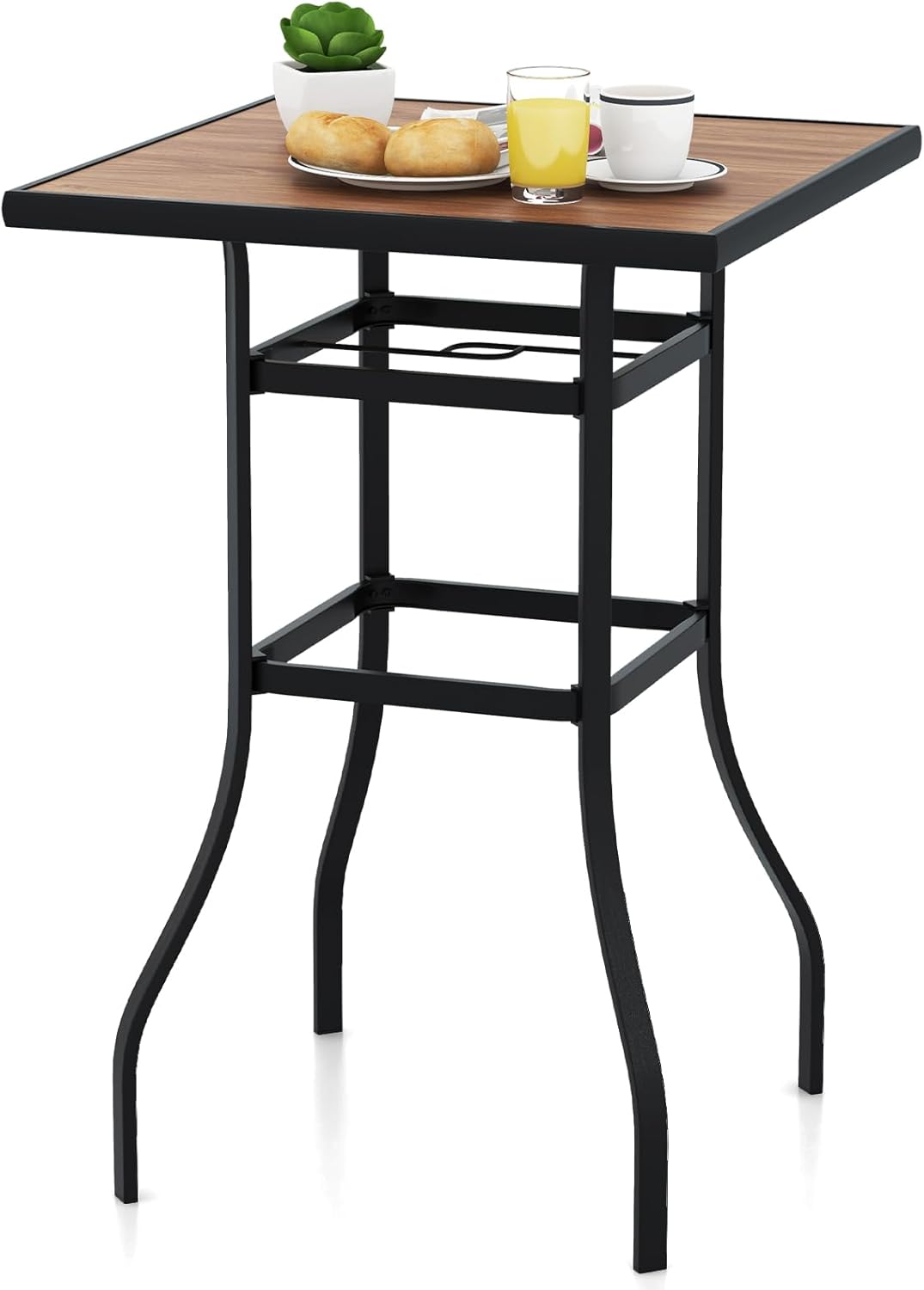 Stół bistro z otworem na parasol, stół ogrodowy z blatem o wyglądzie drewna, kwadratowy stół balkonowy do ogrodu, na podwórko,70 x 70 x 102 cm