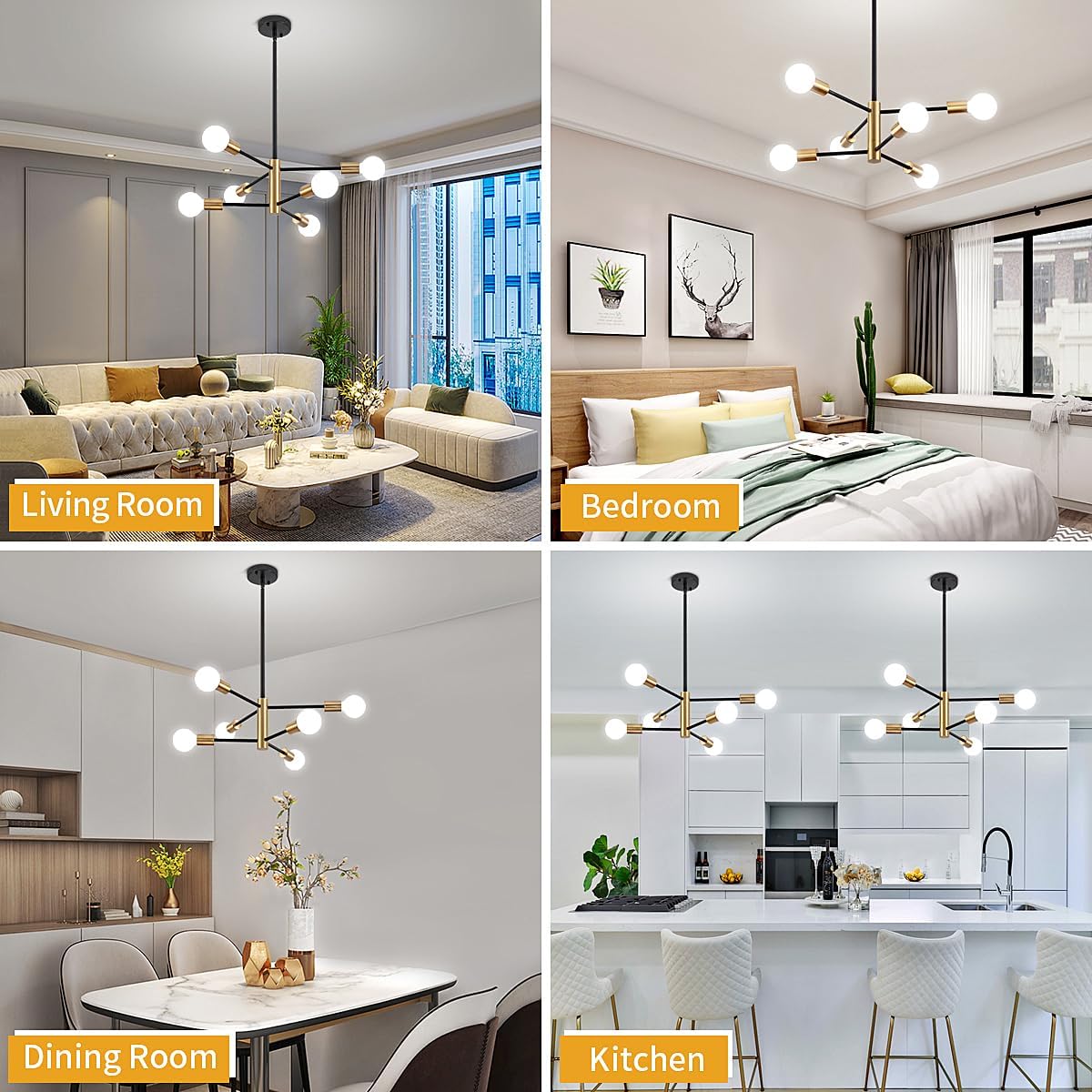 Nowoczesny żyrandol Sputnik, 6-punktowa lampa sufitowa w stylu Mid-Century, lampa wisząca w stylu retro industrialnym, żyrandol (bez białej żarówki) - 5