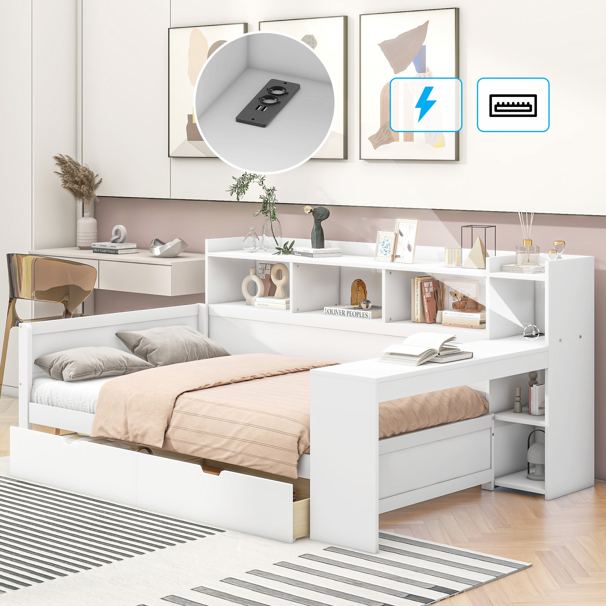 Łóżko 90 x 200 cm z zagłówkiem - Biurko, porty USB i 2 szuflady - Płyta MDF - Stelaż z listew - Kolor biały (bez materaca)