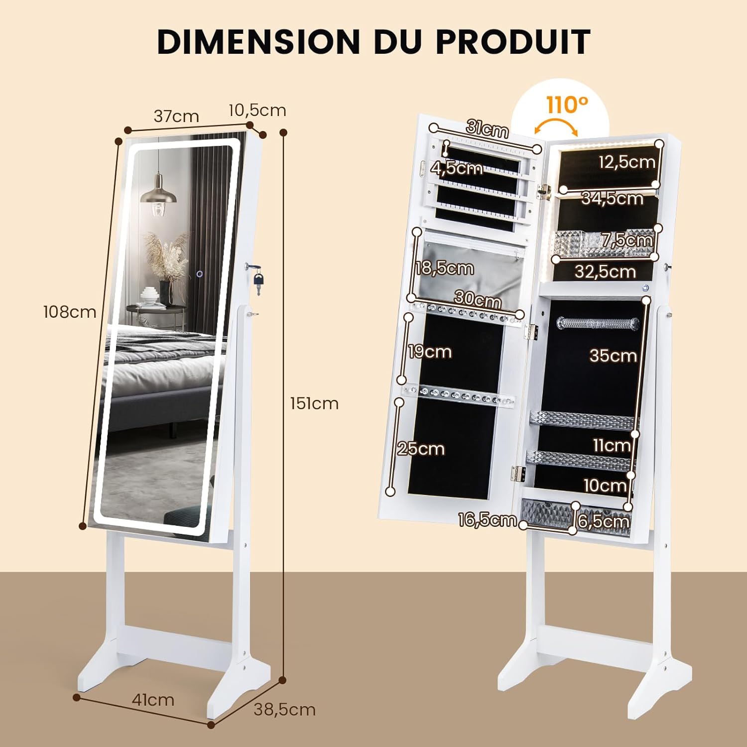 Armoire à Bijoux avec Miroir sur Pieds, Grand Miroir Psyché Sans Cadre avec Éclairage LED 3 Couleurs, avec 3 Angles Ajustables (Blanc) - 3