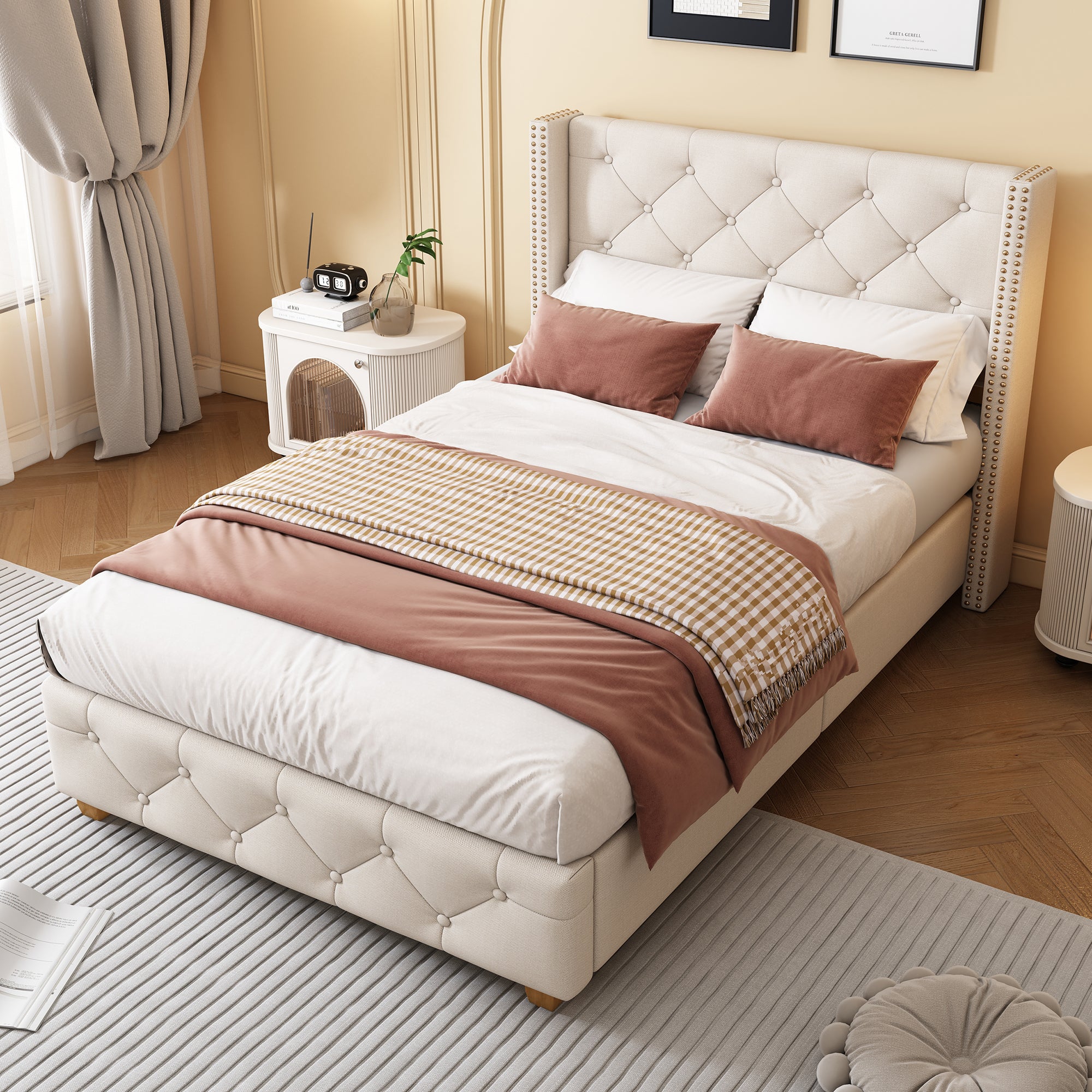 Lit Simple 90x200 cm,Lit Adultes Rembourré en Velours Beige, Tête de ...