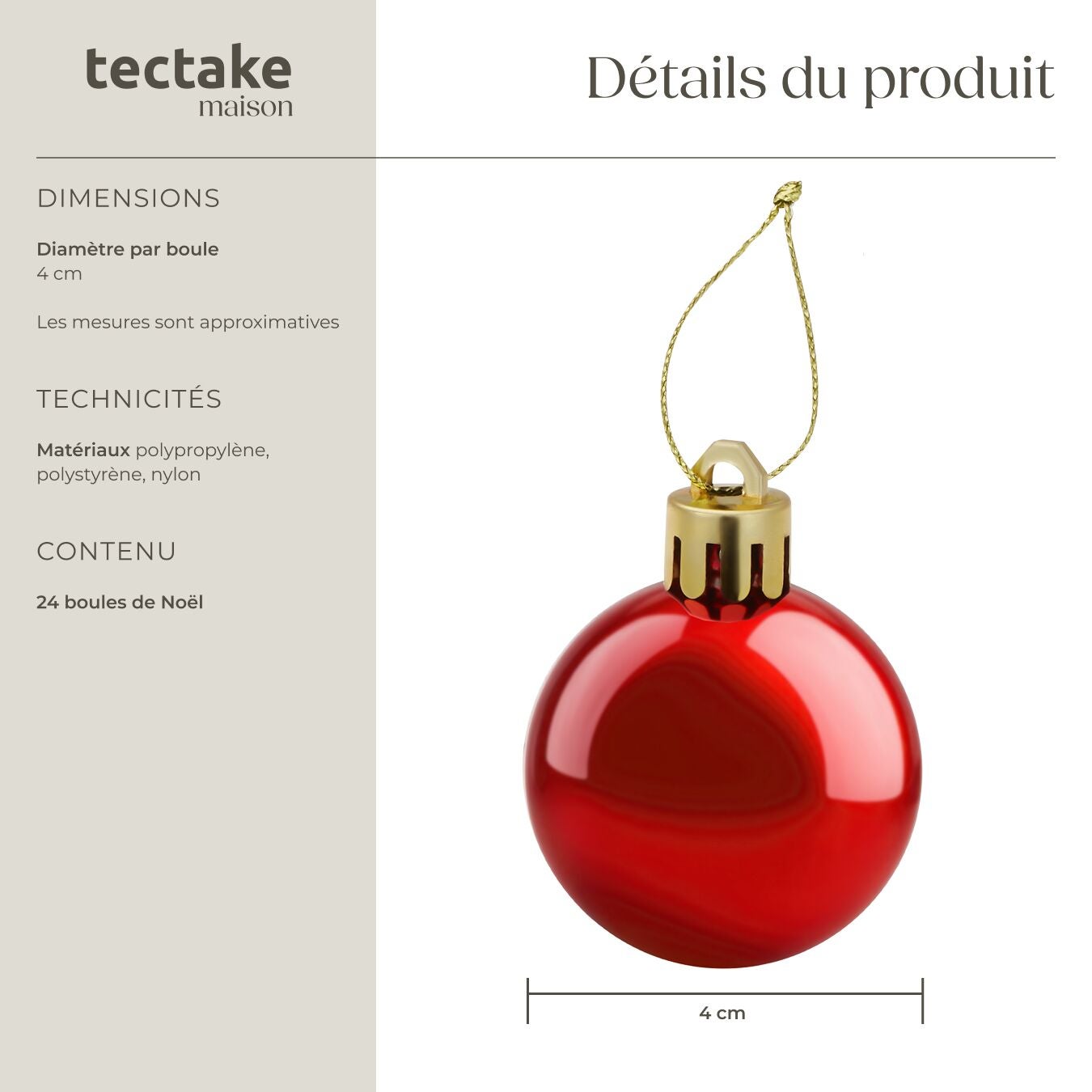 TECTAKE Bolas de Natal Conjunto de 24 em vermelho - 6