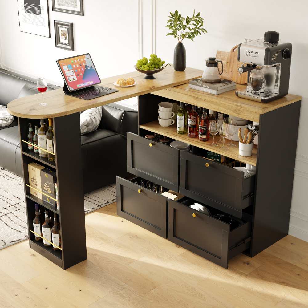 Obrotowy stół barowy 360° z 4 szufladami i otwartymi półkami – solidne panele MDF, złote uchwyty i elegancki design