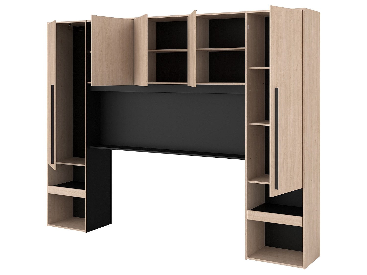 Pont de lit avec rangements - Avec LEDs - L265 cm - Coloris : Naturel et noir - VELONA - 7