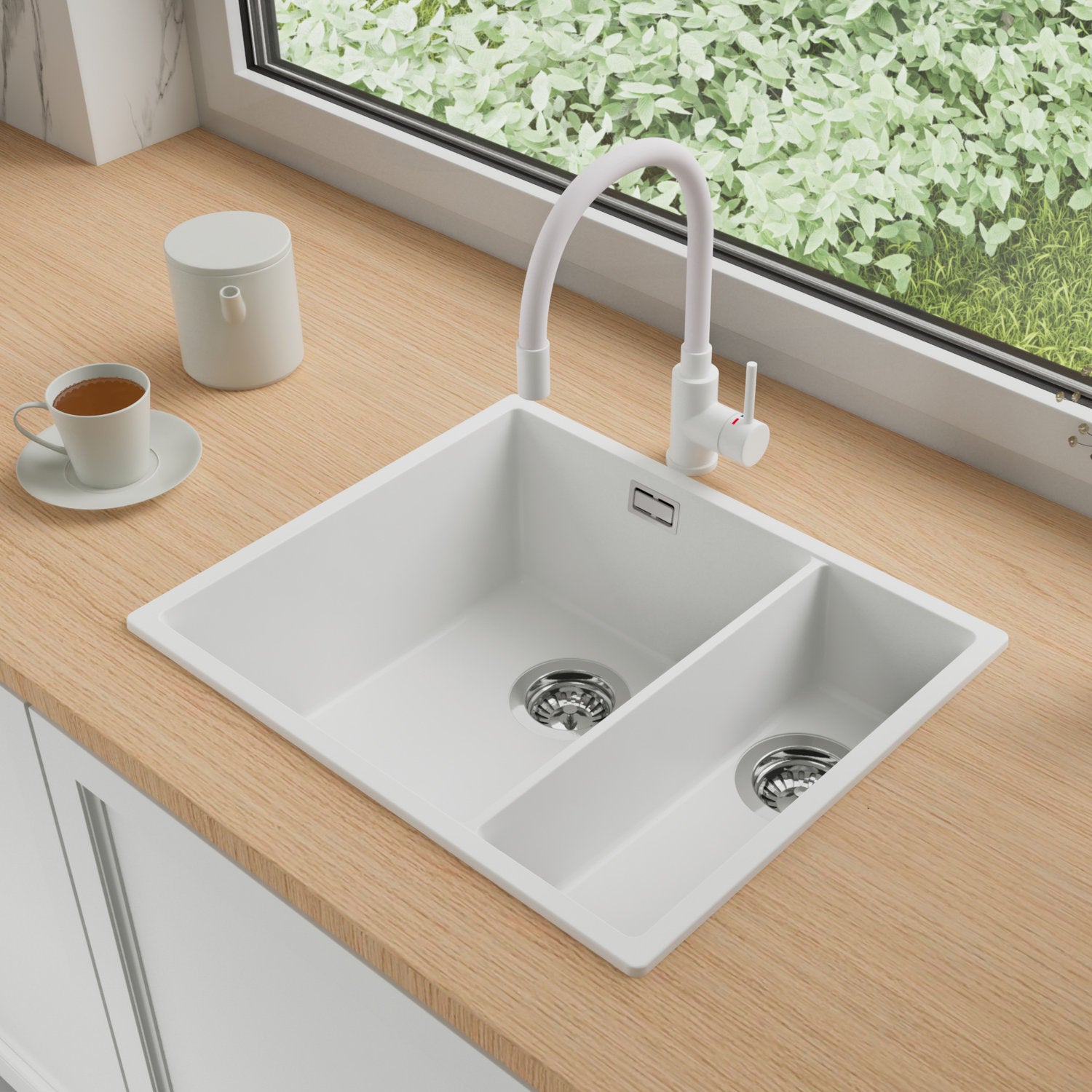 Zlewozmywak Granitowy 56x47cm, do szafki od 60cm + Bateria + Syfon - Agate Biały STONESTYLE