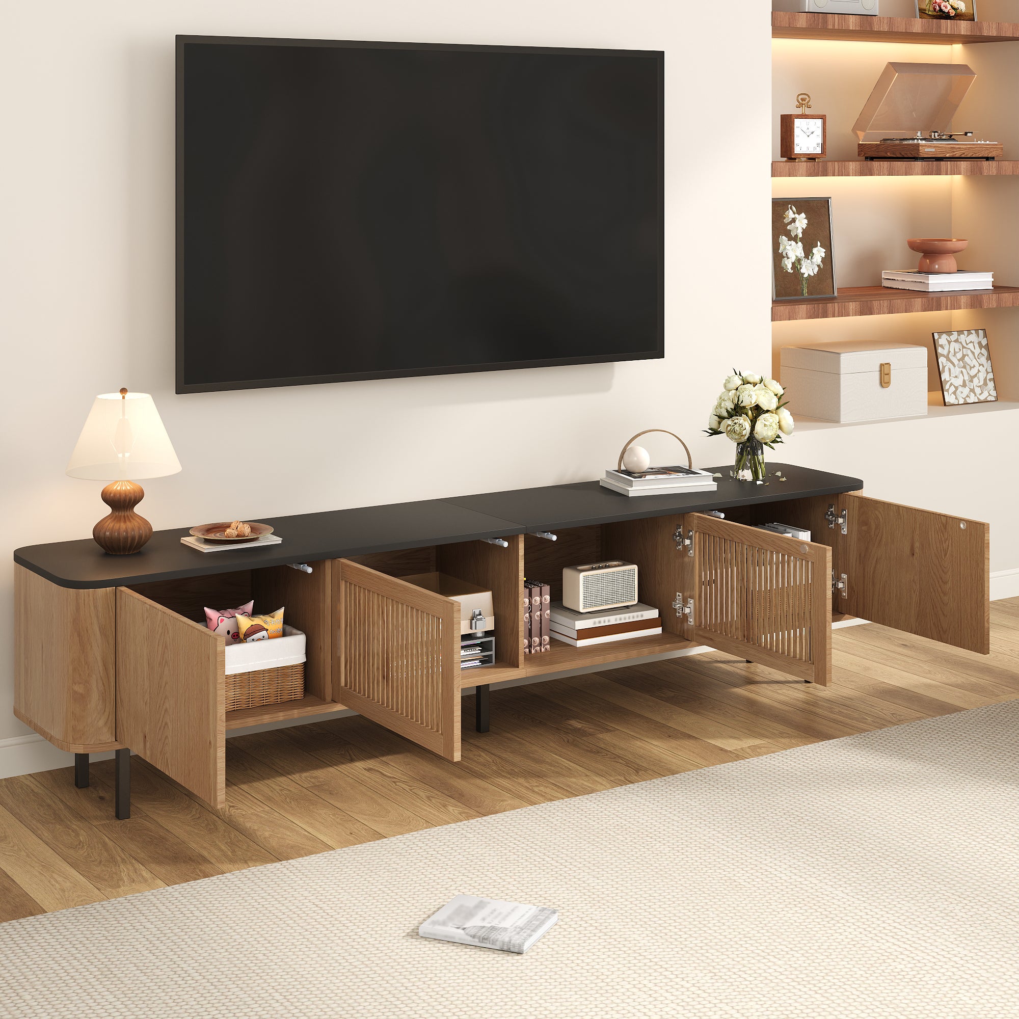 Nowoczesne meble TV 190x35x45 cm - 4 drzwi żaluzjowe - zaokrąglone krawędzie - nogi żelazne - MDF - naturalny