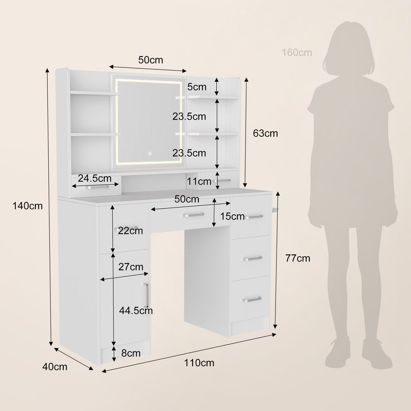 Coiffeuse avec Miroir LED, 3 Couleurs, Meuble de rangement, Coiffeuse de chambre, 7 tiroirs 1 porte, Style Moderne, 110x40x140 cm, 7 Étagères, Blanc - 9