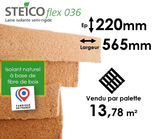 LAINE DE BOIS STEICO FLEX 36 - EPAISSEUR 220MM (R=6,10) - DIMENSIONS 565MM x 1220MM - PALETTE ENTIÈRE 13,78M²