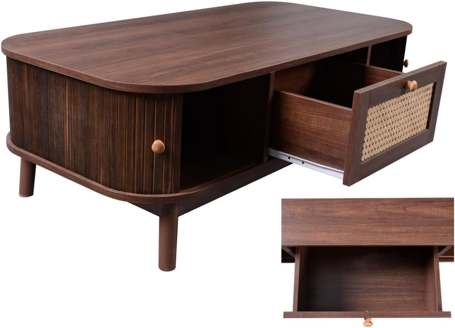 Table Basse avec tiroir en rotin et 2 Portes coulissantesf 110 x 55 x 38,5 cm, pieds en bois massif - Couleur Noyer - 4