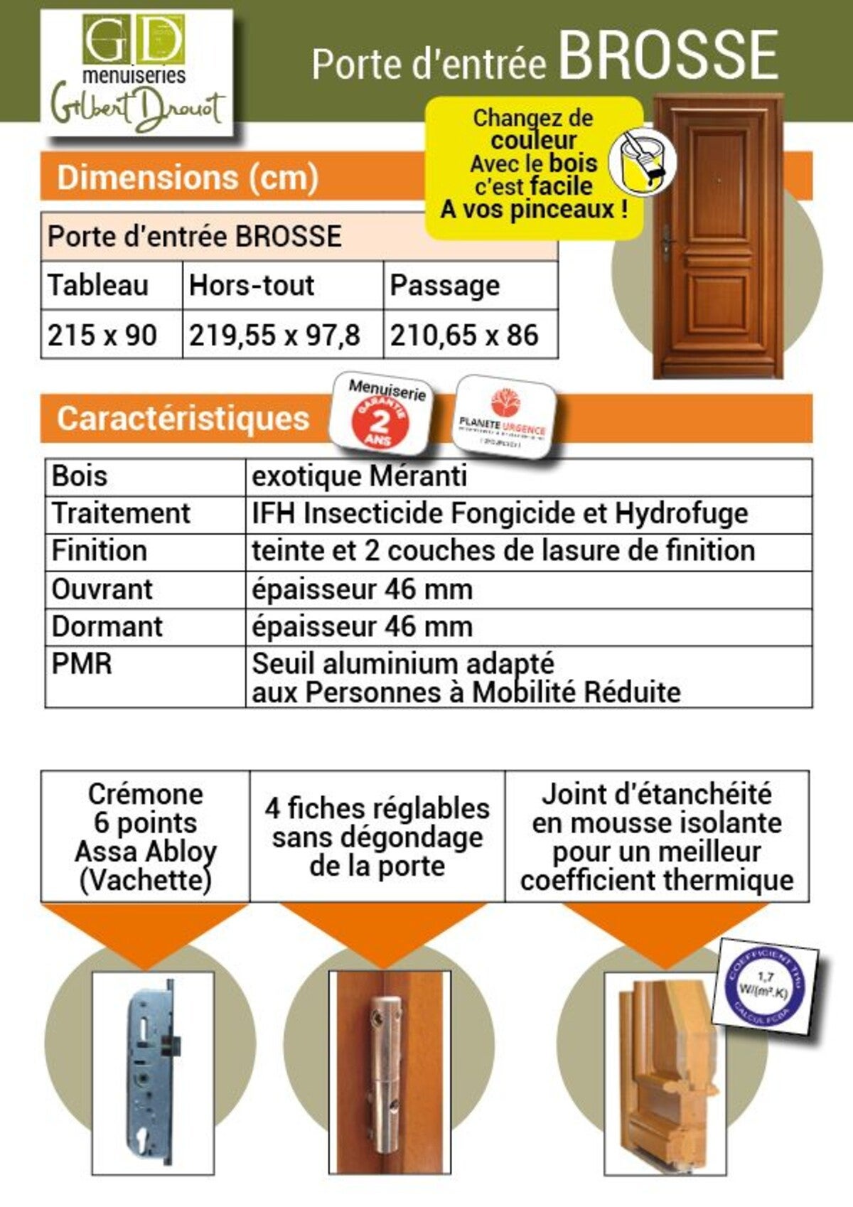 Porte D'entrée Bois Pleine Tahi 1, H215 X L90 Cm Côte Tableau P. Gauche Gd Menuiseries - 4