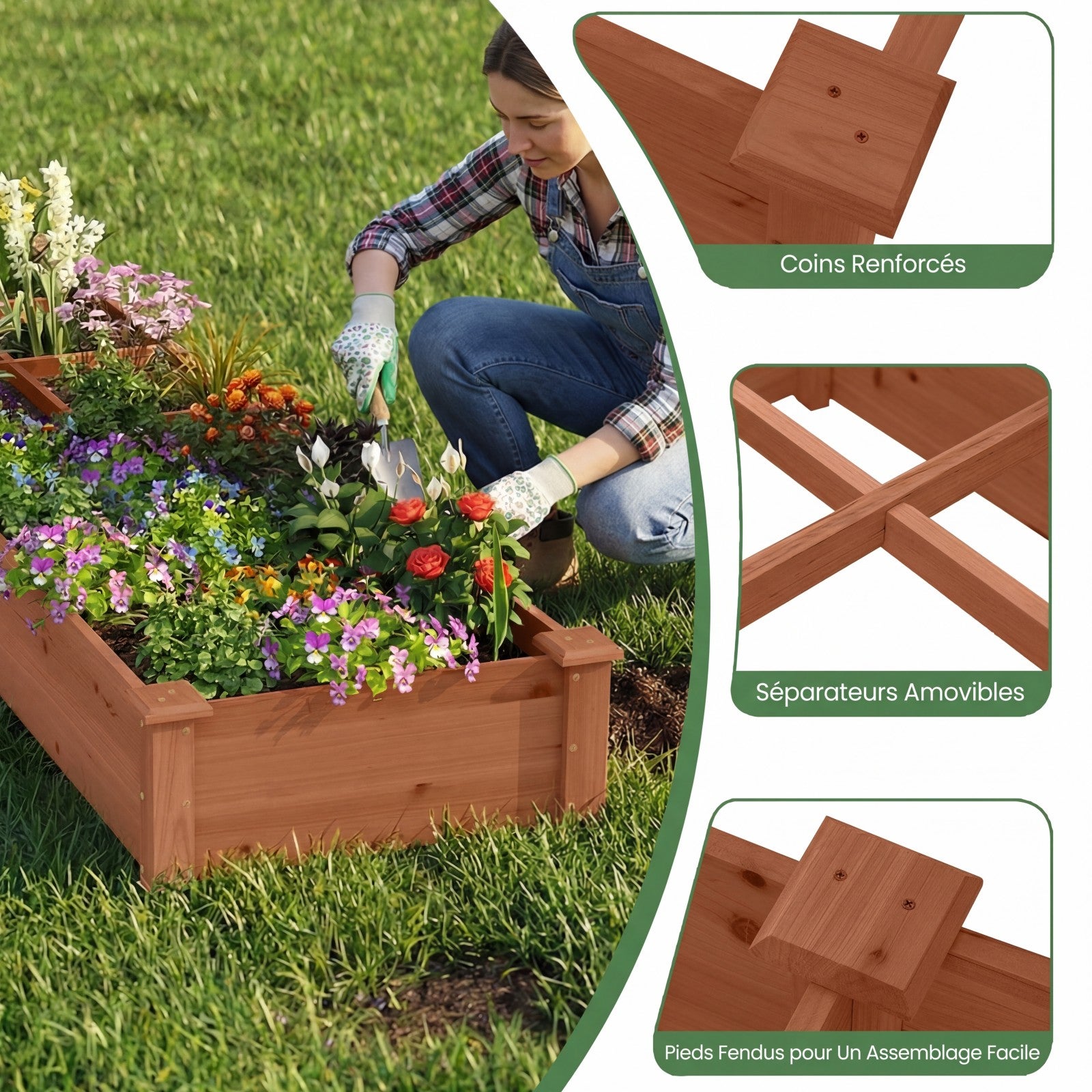 Carre Potager en Bois de Sapin 228x62x25 CM avec Fond Ouvert, Potager Exterieur avec 1 Grand Bacs à Plantation, 6 Petit Bac pour Fleurs Légumes Fruiit - 5