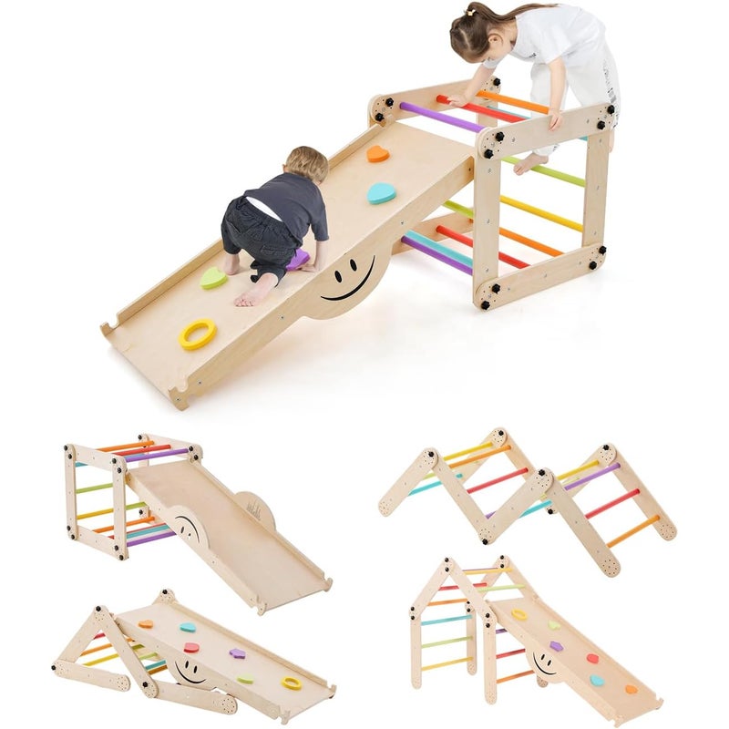 7 w 1 Drewniany Trójkąt Wspinaczkowy Montessori dla Dzieci z Regulowaną Drabinką, dla Dzieci Powyżej 1 Roku Życia, Nośność 60 kg (Wielokolorowy)