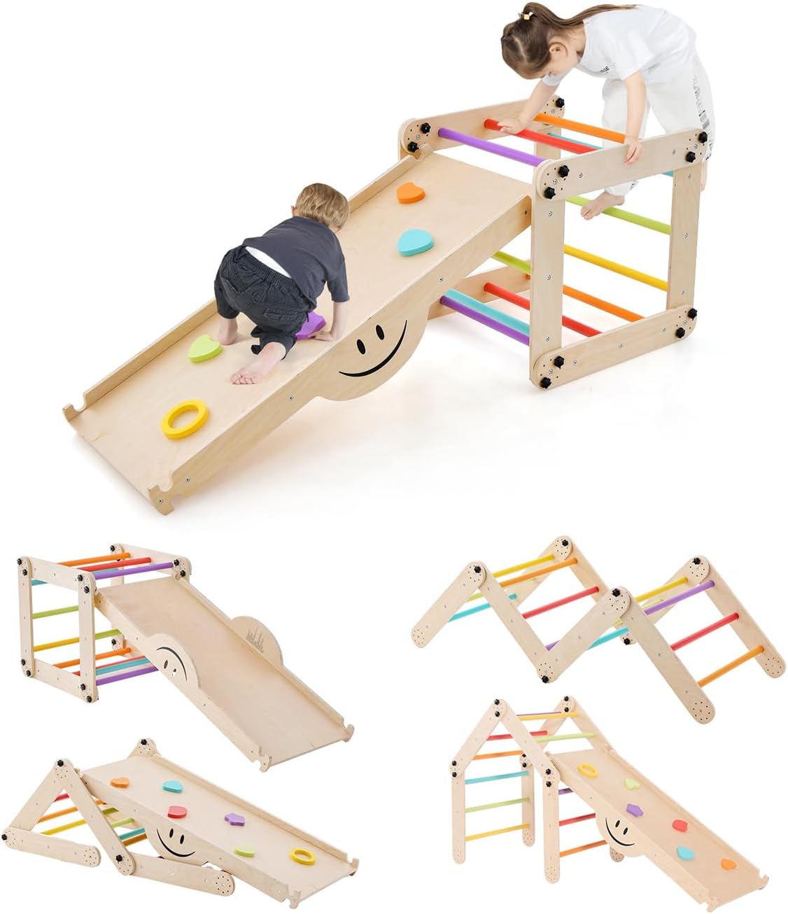 Palestra Montessori 9-in-1 Per Bambini: Scivolo E Altalena In Legno | Set Arrampicata Indoor Con Rampino E Rete