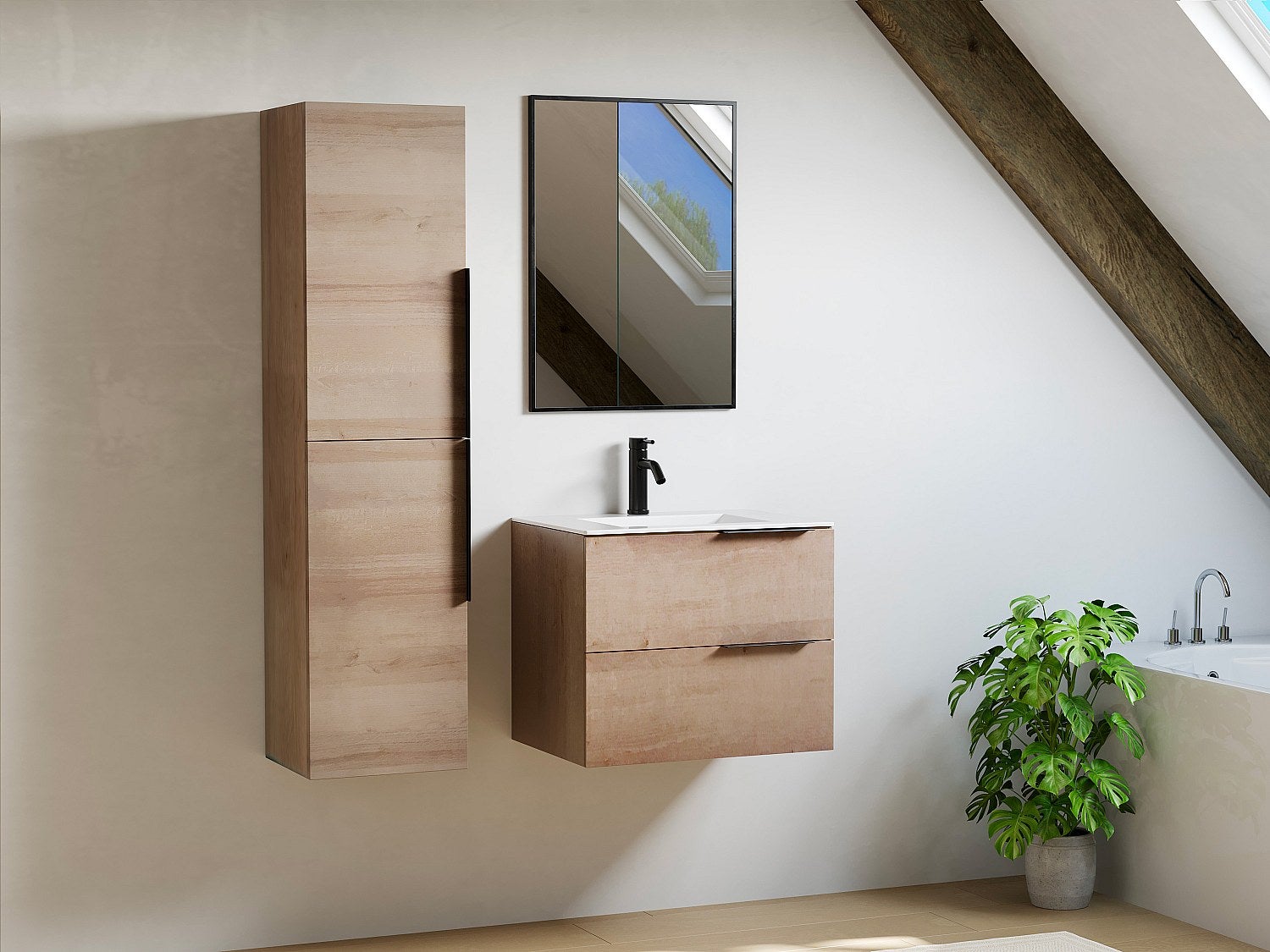 Szafka łazienkowa wisząca z umywalką do zabudowy i kolumną - Jasny naturalny - 60 cm - NISAYA