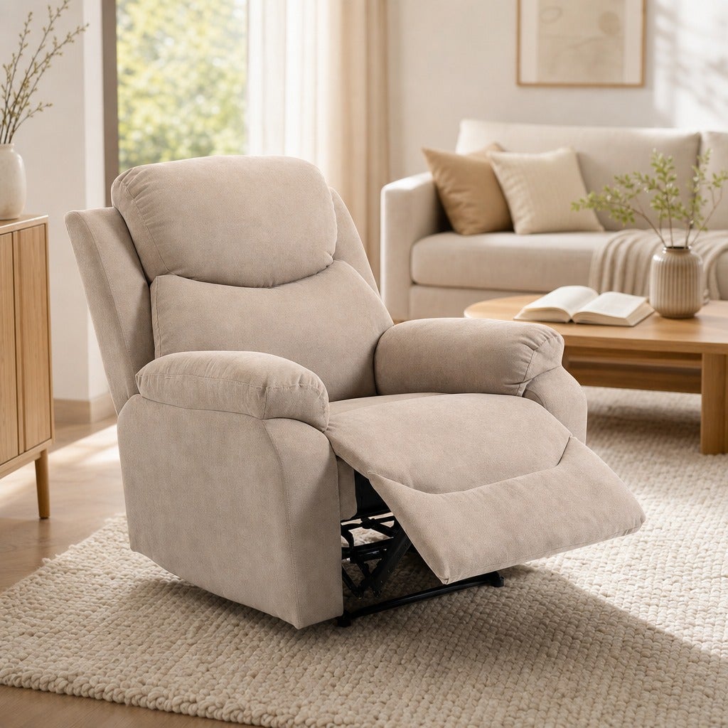 Fauteuil Relax Manuel Beige 85x93x105cm Tissu Lin Repose-Pieds Accoudoirs Rembourrés - 7