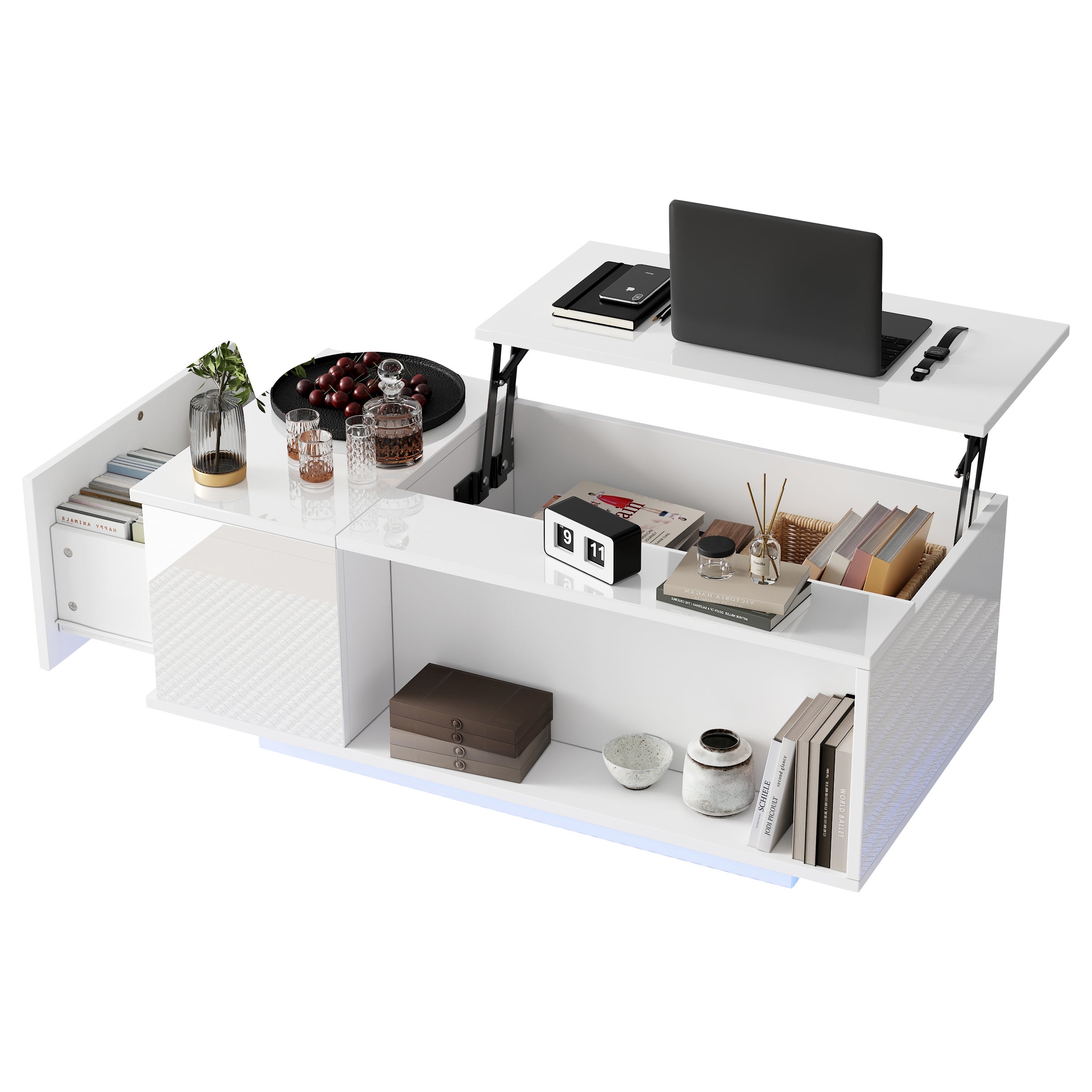 Table basse avec plateau revelable - 1 tiroir et 1 compartiment - 100 x 50 x 40 cm - LEDs - Panneau de particules - Blanc - 9