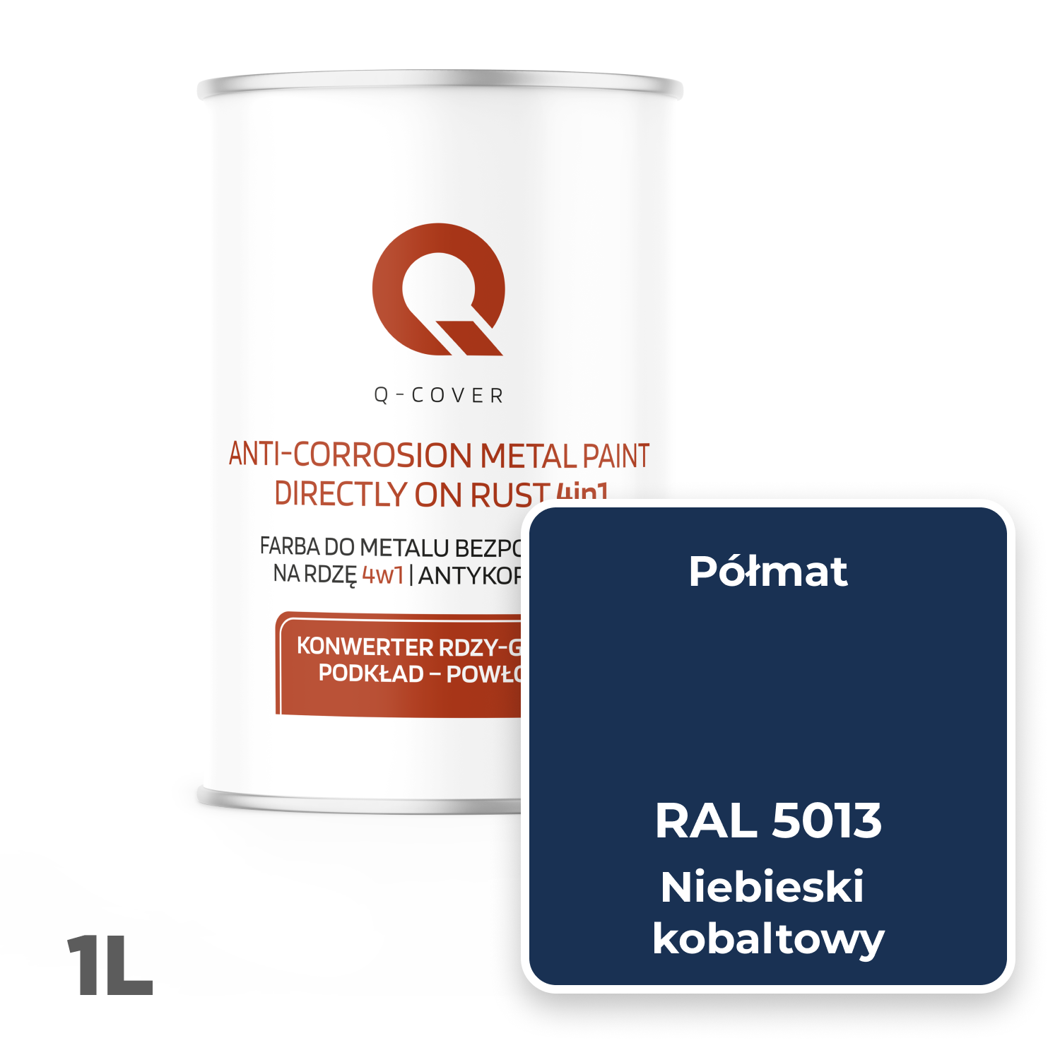 Farba do Metalu Prosto na Rdzę 4w1 Q-Cover Niebieski kobaltowy RAL5013 Półmat 1L - 2