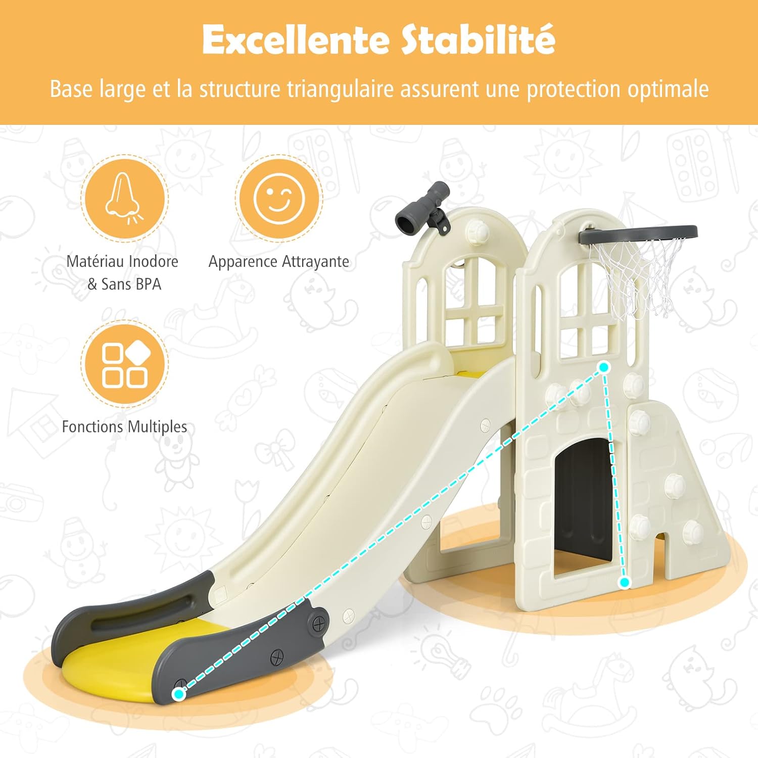 Toboggan 6 en 1 pour Enfant - Glisse de 140 CM,Aire de Jeux Extérieure 3-8 Ans, Jaune - 6