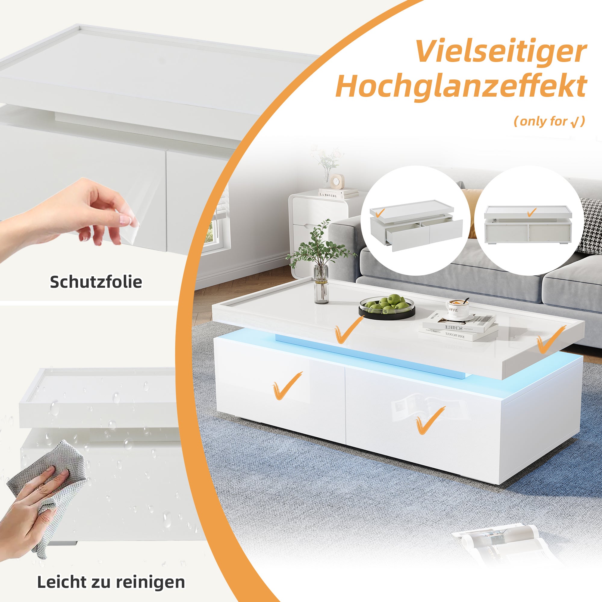 Stolik kawowy z 2 szufladami, stolik pomocniczy - 95 x 45 x 35 cm - Diody LED - Płyta wiórowa - Biały połysk - 7