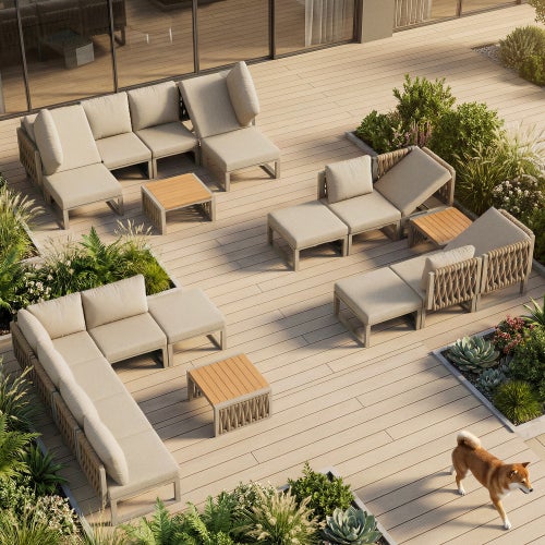 Conjunto de muebles de jardín exterior, silla de jardín para 6 plazas, cama doble de exterior, respaldo regulable, tumbona de piscina - Beige - 4