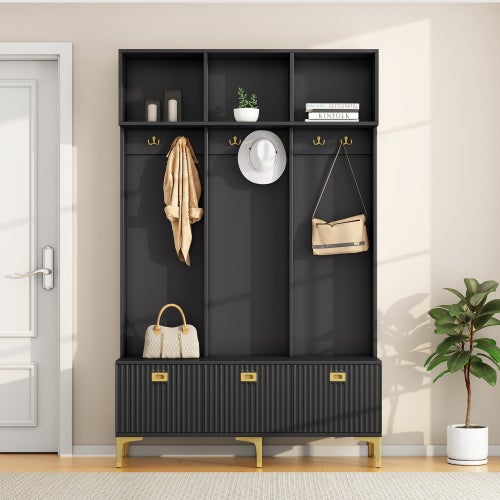 Ensemble armoire avec banc, banc de rangement multifonctionnel, rangement ouvert, 6 crochets, convient pour couloir, salon L120/P40/H191,5CM - 4