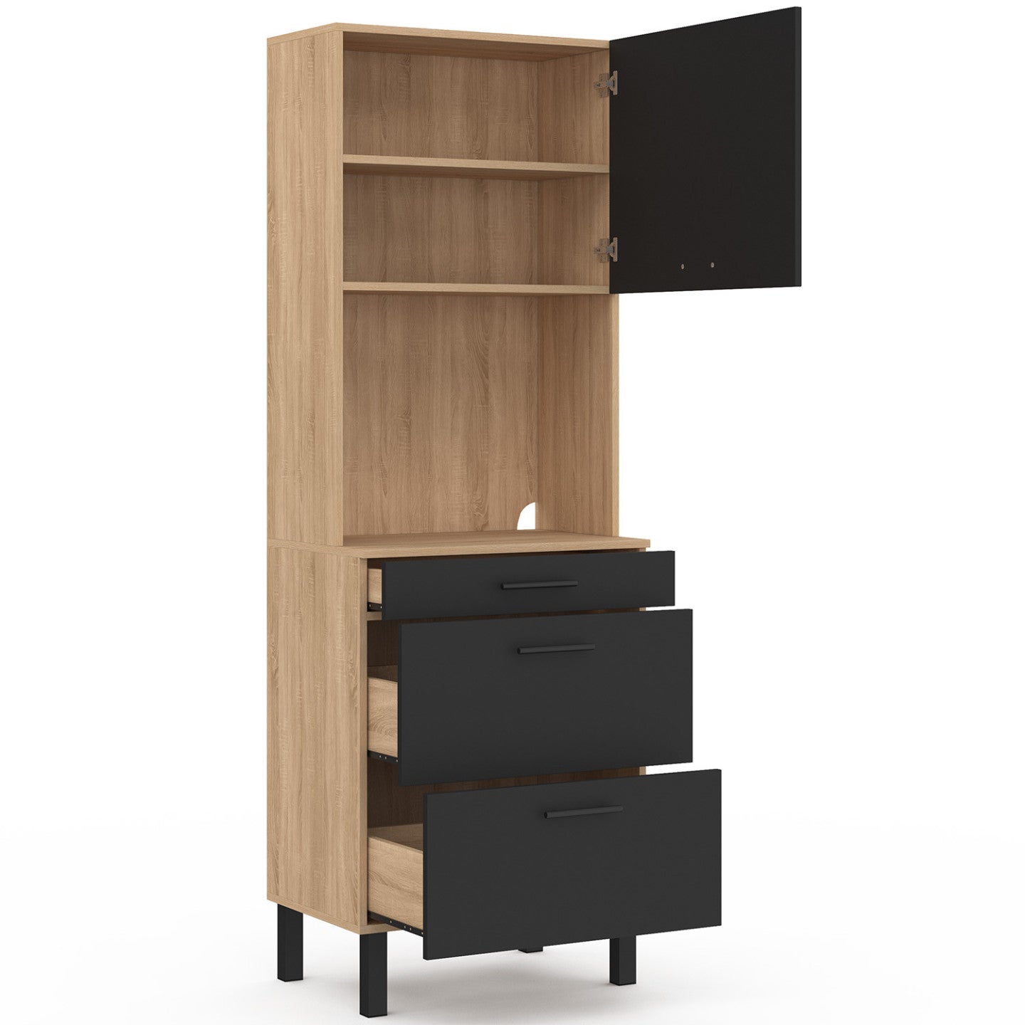 Colonne de cuisine micro-ondes et casserolier 60 cm CINA 2 portes façon hêtre et noir - 4