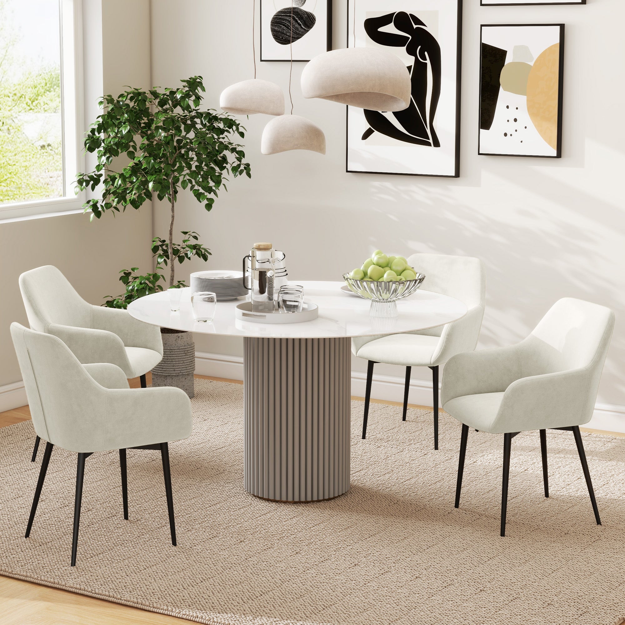 HOMCOM Set 2 Sedie da Pranzo Nordiche Imbottite con Braccioli Ricurvi in Tessuto Effetto Velluto, 54x57x80 cm, Crema - 7