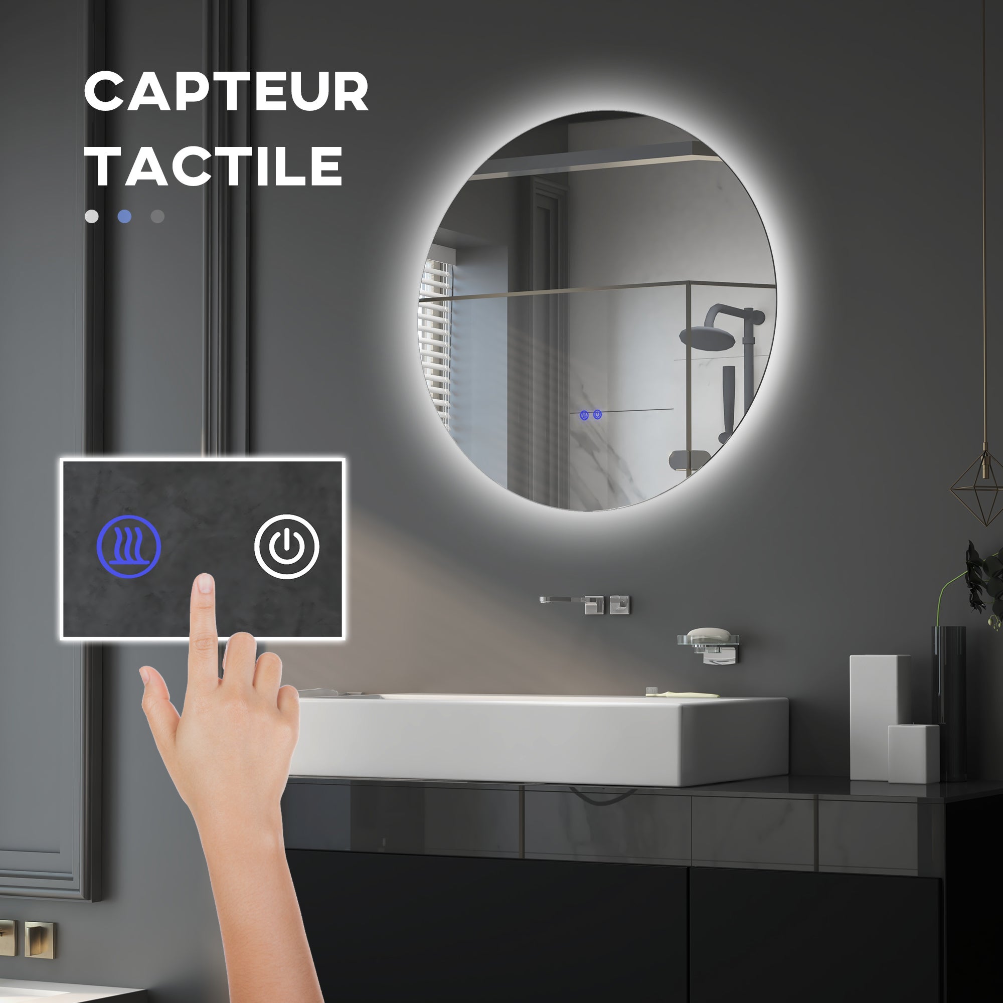 Miroir rond lumineux LED de salle de bain Ø 80 cm mural avec éclairage interrupteur tactile système antibuée - 6