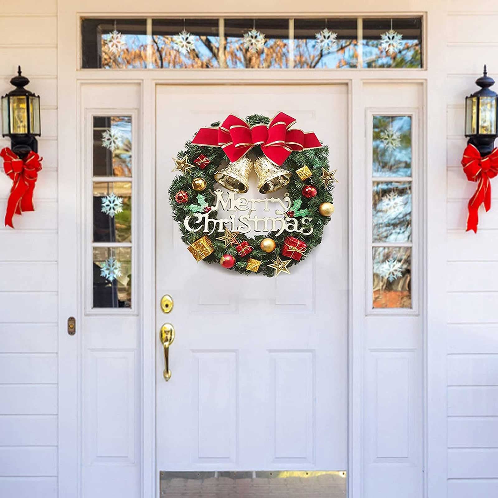 Corona navideña de 30 cm con adornos y lazo, decoración navideña, corona navideña artificial para puerta con campanas, guirnalda de Feliz Navidad - 2