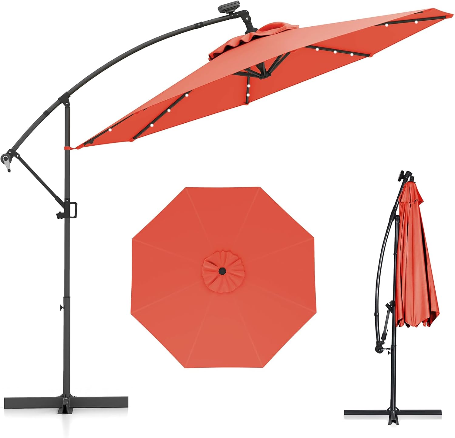 Parasol przeciwsłoneczny, 300 cm, z 32 solarnymi diodami LED i korbą, parasol ogrodowy, parasol na taras, do ogrodu, na basen, pomarańczowy, 300 cm