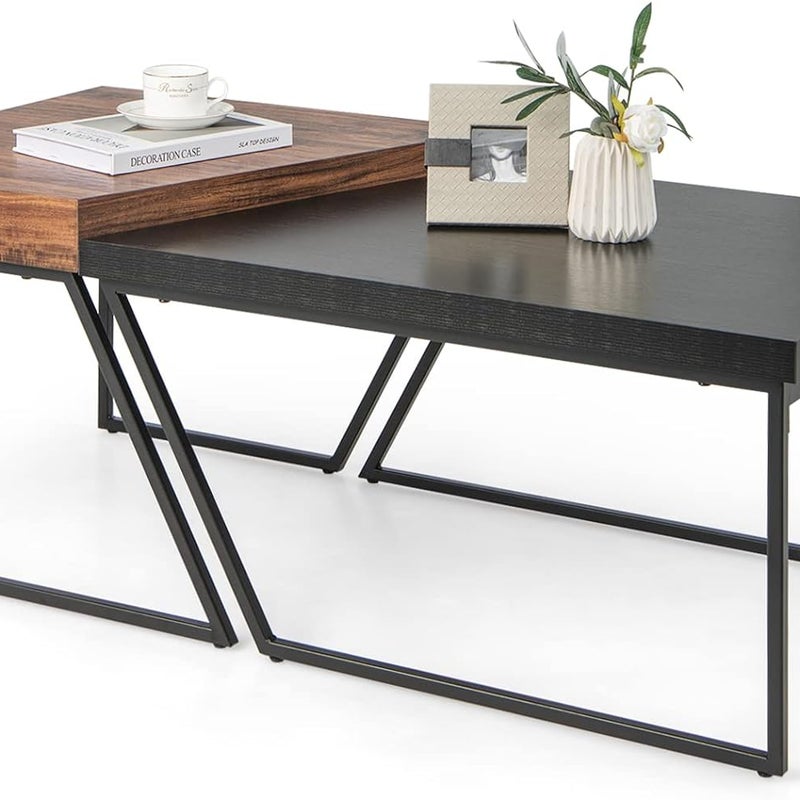 Drewniany stolik kawowy, 2-częściowy zestaw stołów przemysłowych, stolik pomocniczy z metalową ramą, 60 x 60 x 46 cm + 80 x 60 x 42 cm