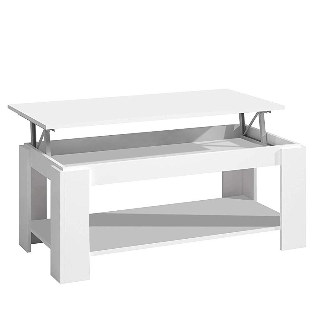 Tavolino Soggiorno con Rialzo Contenitore Tavolo Salotto Moderno Apribile Bianco - 2