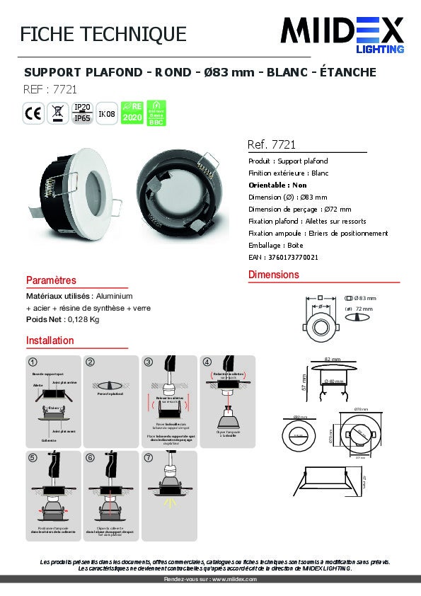 Support Spot BBC Rond - Étanche IP65 - Ø83mm - Blanc - Aluminium - 8